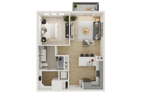 A top-down view of a small apartment layout with a kitchen, living room, and bathroom.